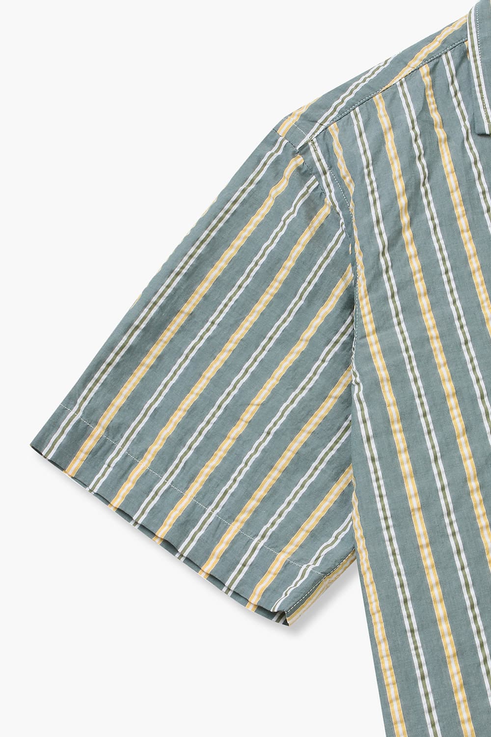 코튼 스트라이프 테일러드 카라 014 카키 반소매 셔츠