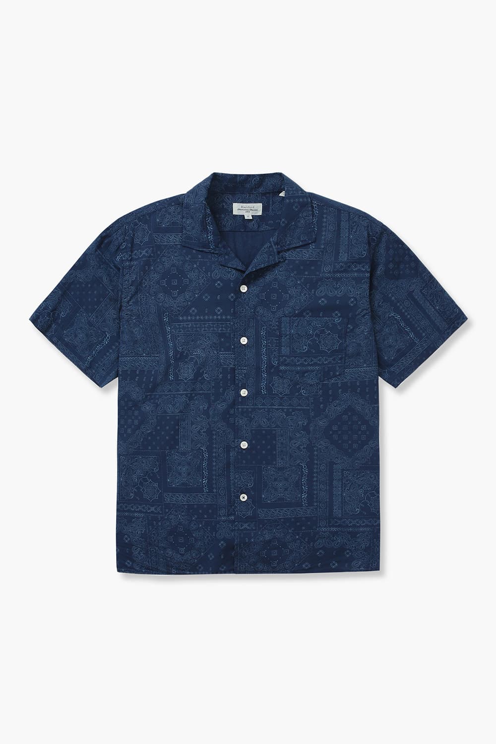 코튼 웨스턴 패턴 테일러드 카라 015 네이비 반소매 셔츠