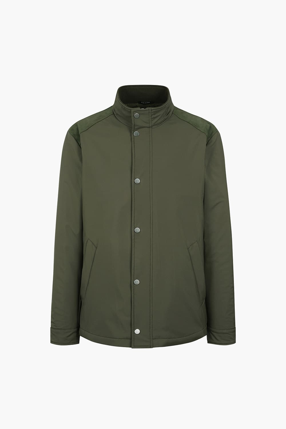 램스킨 스웨이드 패치 하이넥 카키 점퍼