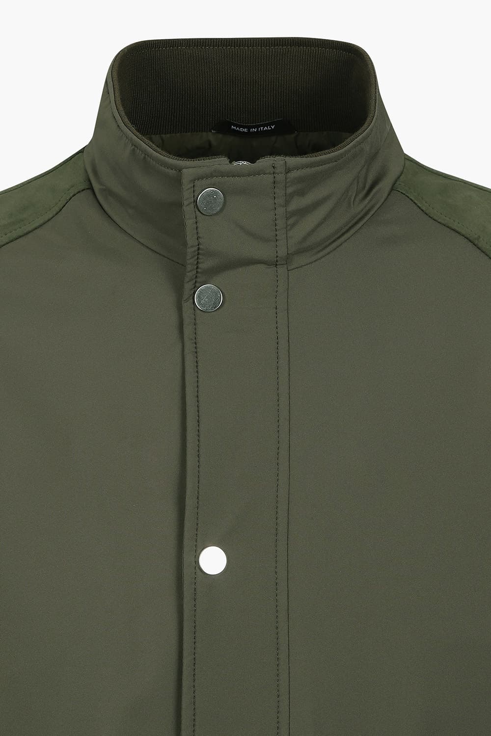 램스킨 스웨이드 패치 하이넥 카키 점퍼