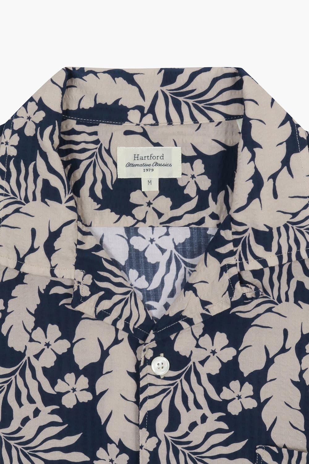 코튼 하와이안 테일러드 카라 다크네이비 반소매 셔츠