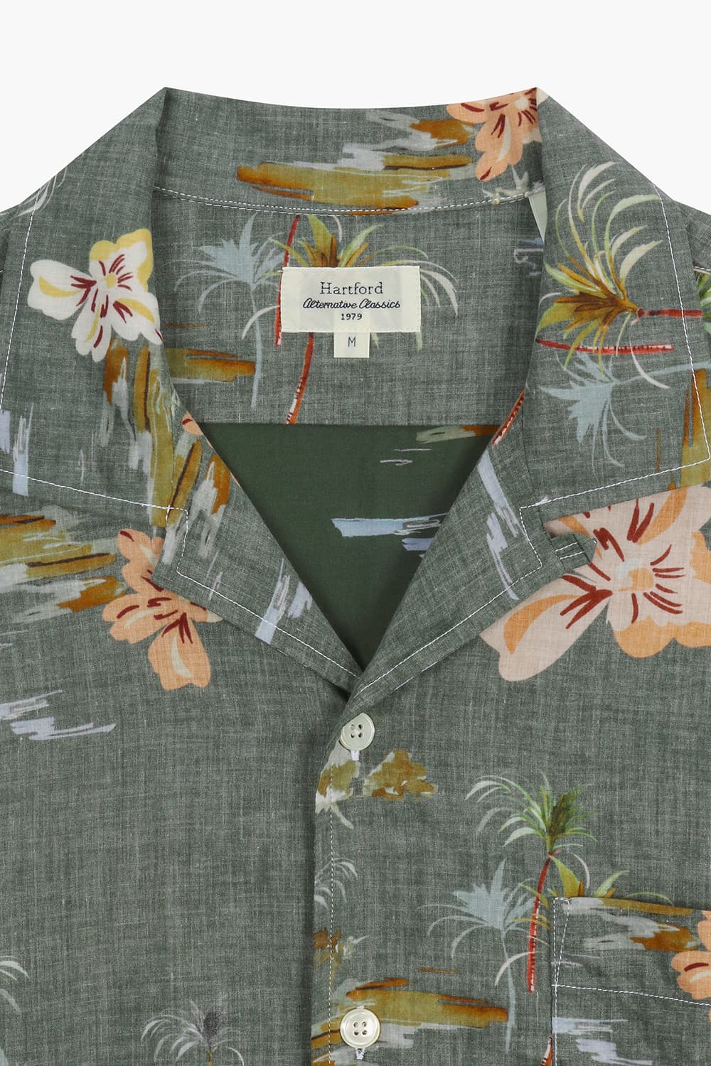 코튼 하와이안 테일러드 카라 504 카키 반소매 셔츠