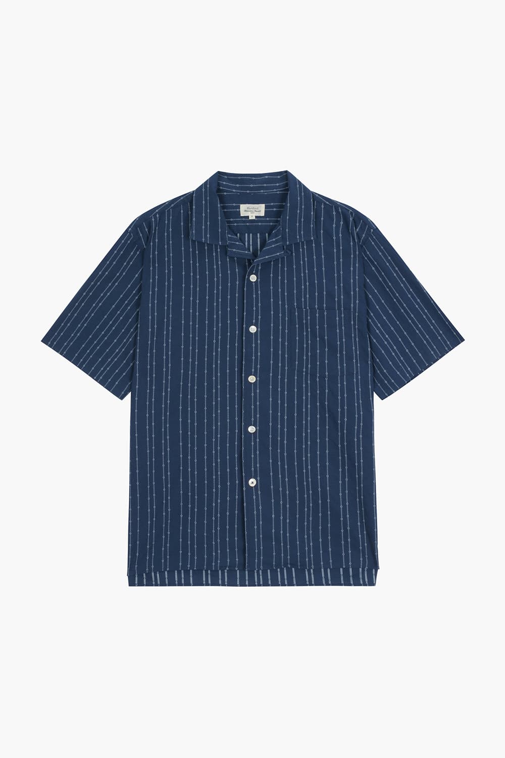 코튼 일러스트 스프라이프 테일러드 카라 502 네이비 반소매 셔츠